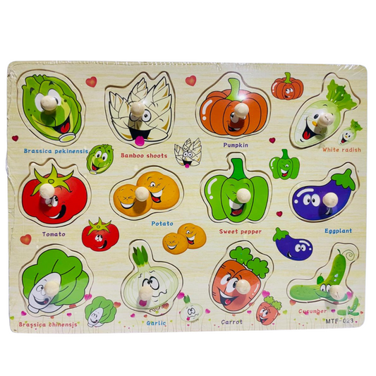 Vegetable Wooden Puzzle Board – Educational Knob Tray for Kids